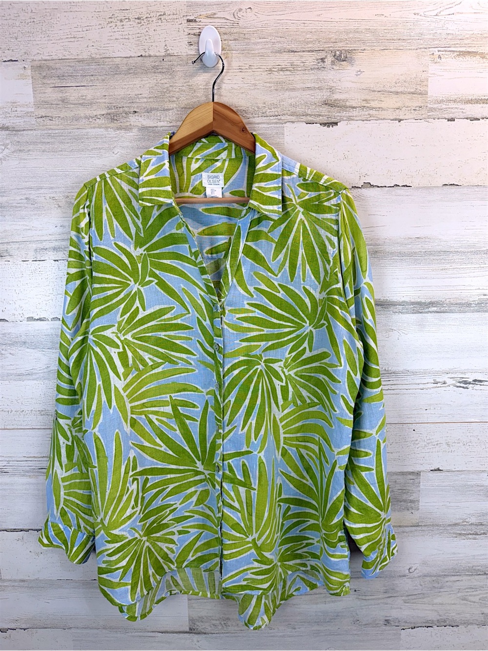 Sigrid Olsen 100% Linen Tropical Palm Print Button Front Shirt Large - Picture 2 of 12